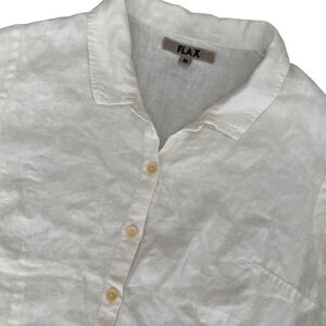 FLAX White 100% Linen Short Sleeve Button Front Shirt Medium Lagenlook Natural